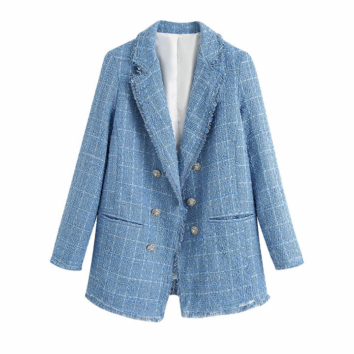 Damen Doppelreihiger Bouclé-Tweed-Blazer mit Fransenbesatz Drune