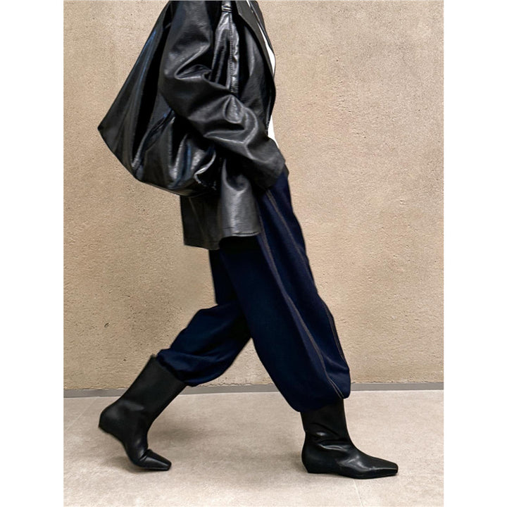 Damen halbhohe Veloursleder-Stiefel mit spitzer Zehenform und flacher Keilsohle Drune