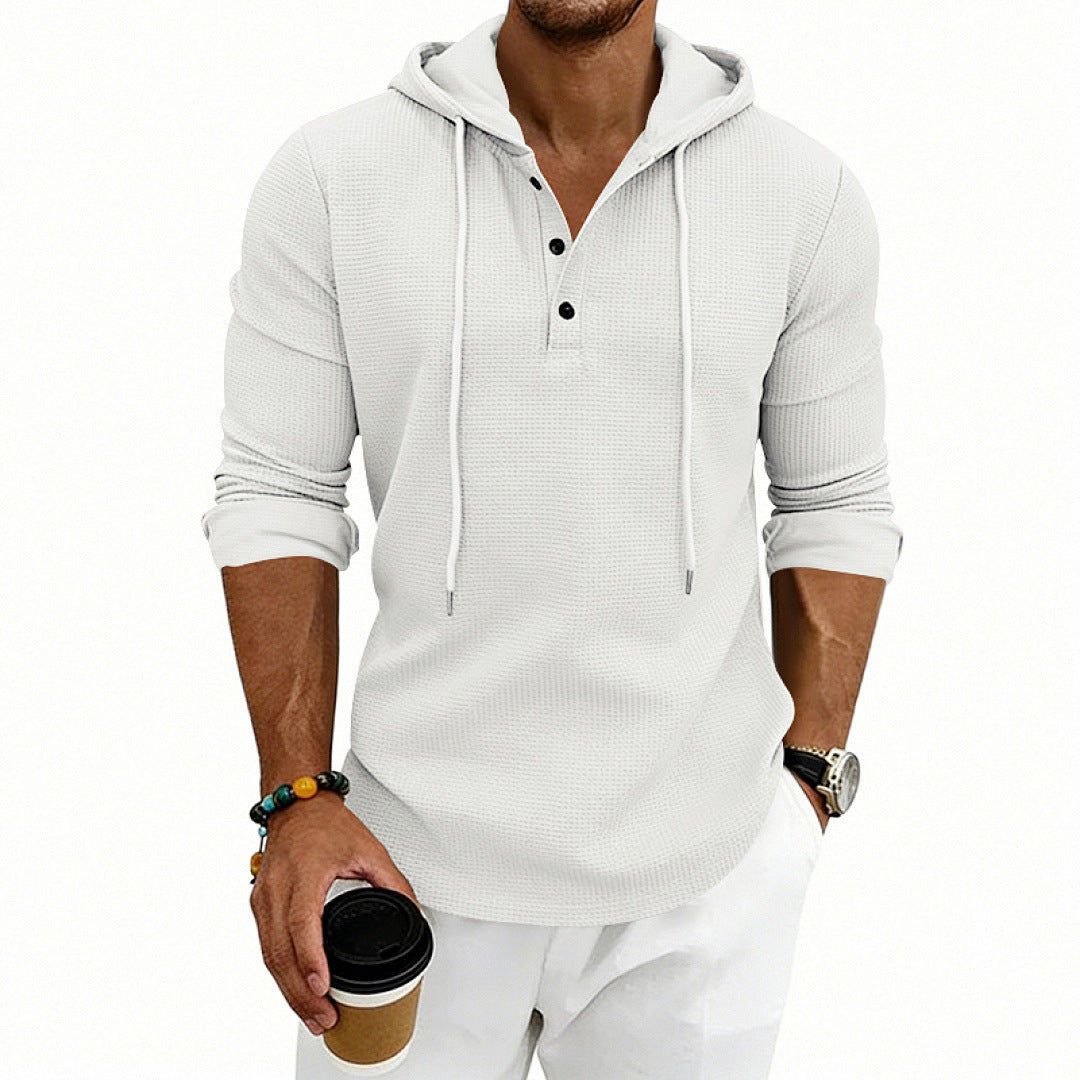 Herren Waffelstrick-Henley-Hoodie mit Knopfleiste und Kapuze Drune