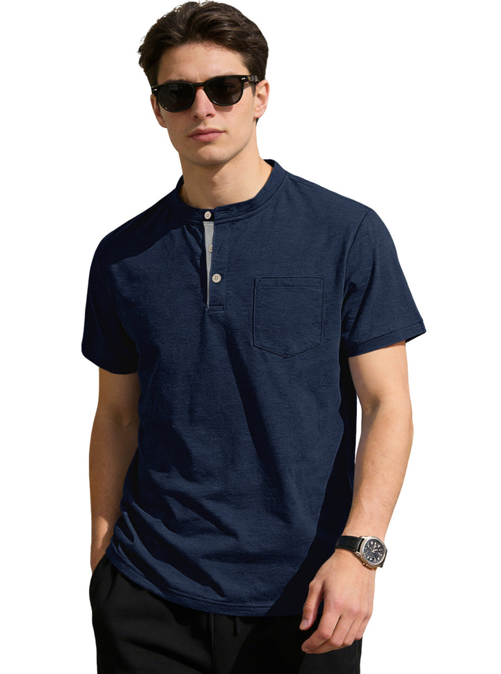 Herren nan strukturiertes Baumwoll-Henleyshirt mit kurzem Stehkragen Knopfleiste und Brusttasche Drune
