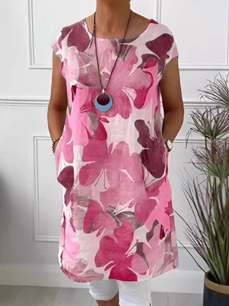 Damen nan luftiges Tunika-Midikleid aus Leinenmix mit Aquarellblütenprint und Seitentaschen Drune