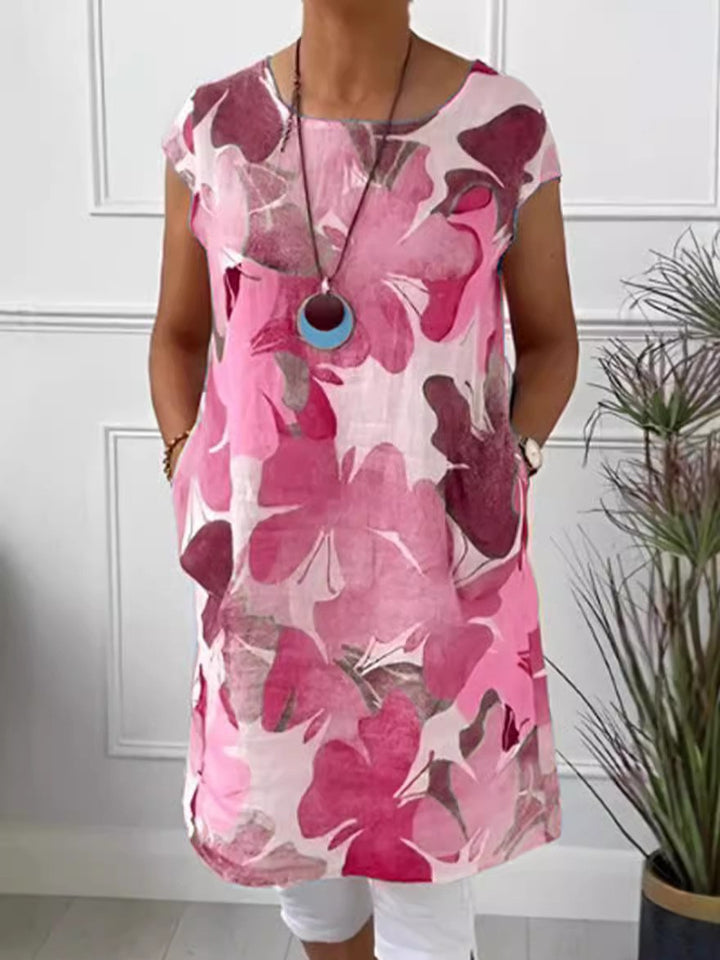 Damen nan luftiges Tunika-Midikleid aus Leinenmix mit Aquarellblütenprint und Seitentaschen Drune