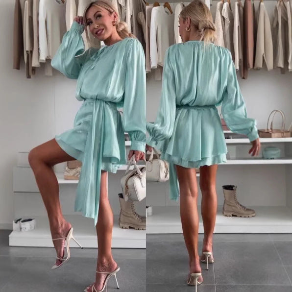 Damen elegantes Wickelkleid aus seidig glänzendem Stoff Drune
