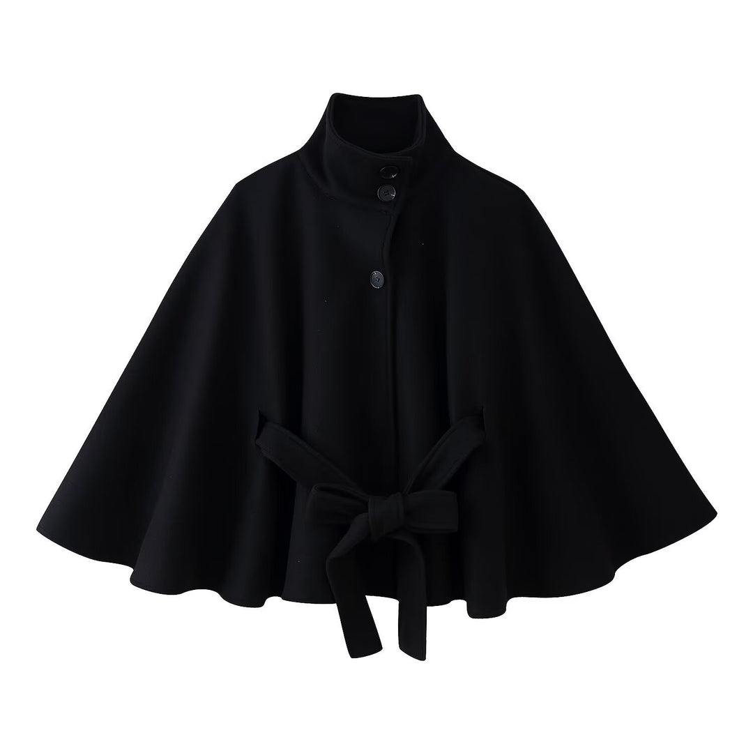 Damen 2900+ eleganter kurzer Cape‑Umhang mit Stehkragen, Knopfleiste und Taillenband Drune