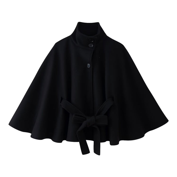 Damen 2900+ eleganter kurzer Cape‑Umhang mit Stehkragen, Knopfleiste und Taillenband Drune