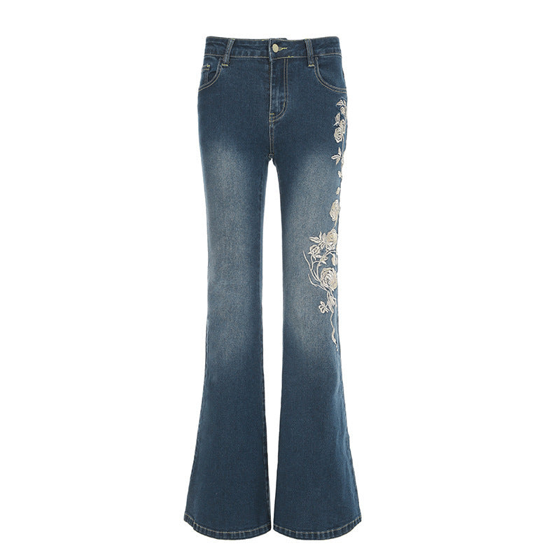 Damen Bestickte Schlagjeans mit hoher Taille und figurformender Passform Drune