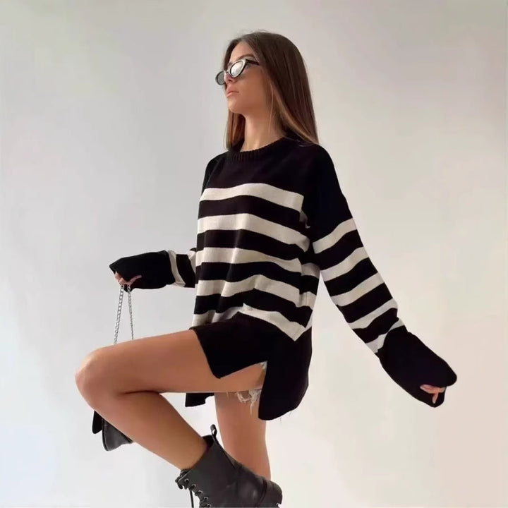 Damen Oversized Strickpullover mit modischem Streifenmuster und detailreicher Rippstruktur Drune