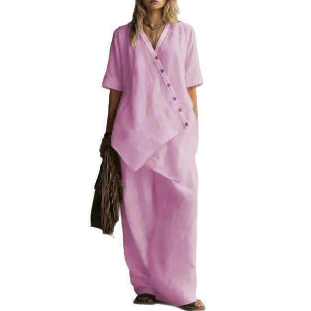 Damen Leinen-Zweiteiler mit asymmetrischer Knopfleiste und weiter Palazzo-Hose Drune
