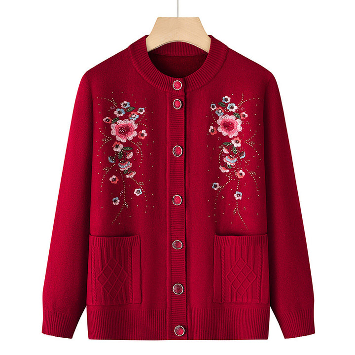 Damen nan bestickte Strickjacke mit Rundhalsausschnitt, Zierknopfleiste und aufgesetzten Taschen Drune