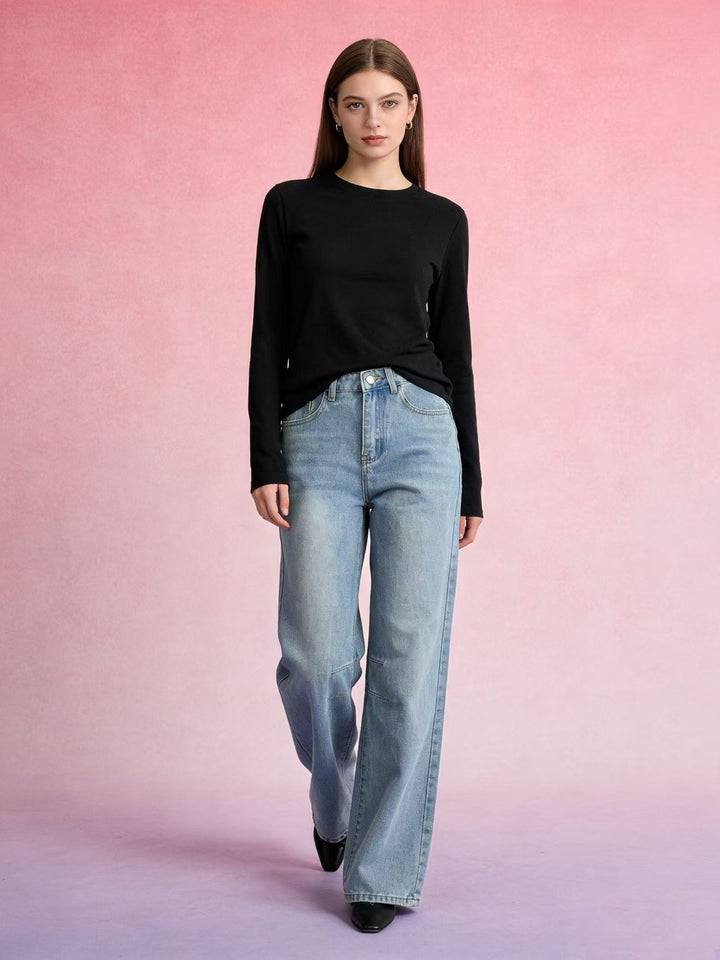 Damen nan schlichtes langarm-Feinstrickshirt mit Rundhalsausschnitt, leicht taillierter Silhouette und elastischem Tragekomfort Drune