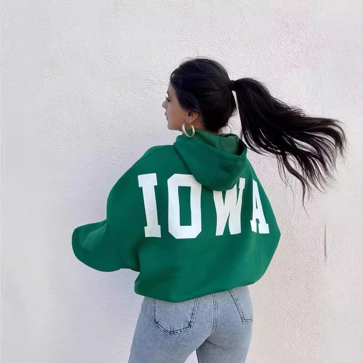 Damen Oversized Cropped Hoodie mit großem Lettering, Kapuze und relaxed Fit Drune
