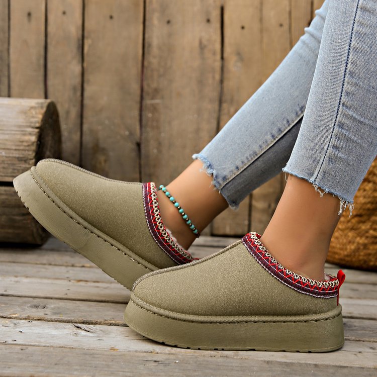 Damen  gemütliche Plateau-Hausschuh-Slipper mit weich gepolsterter Innenfütterung und dekorativem Zierbund Drune