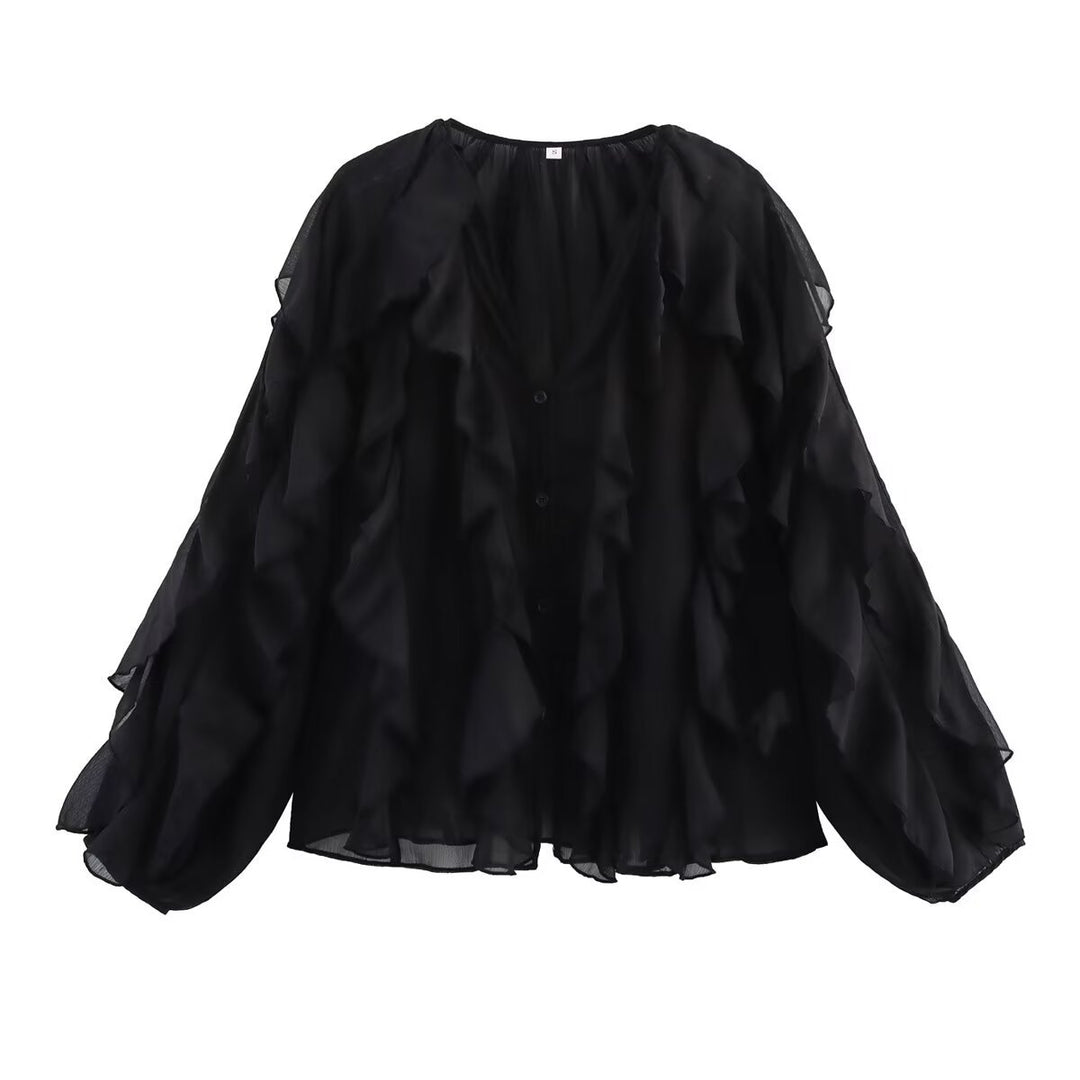 Damen nan transparente Chiffonbluse mit mehrlagigen Volants, weiten Ballonärmeln und durchgehender Knopfleiste Drune