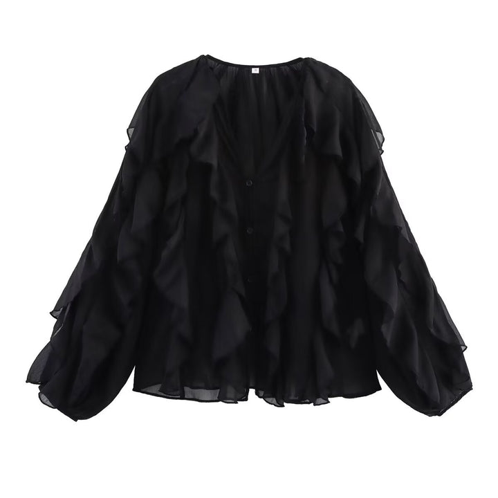 Damen nan transparente Chiffonbluse mit mehrlagigen Volants, weiten Ballonärmeln und durchgehender Knopfleiste Drune