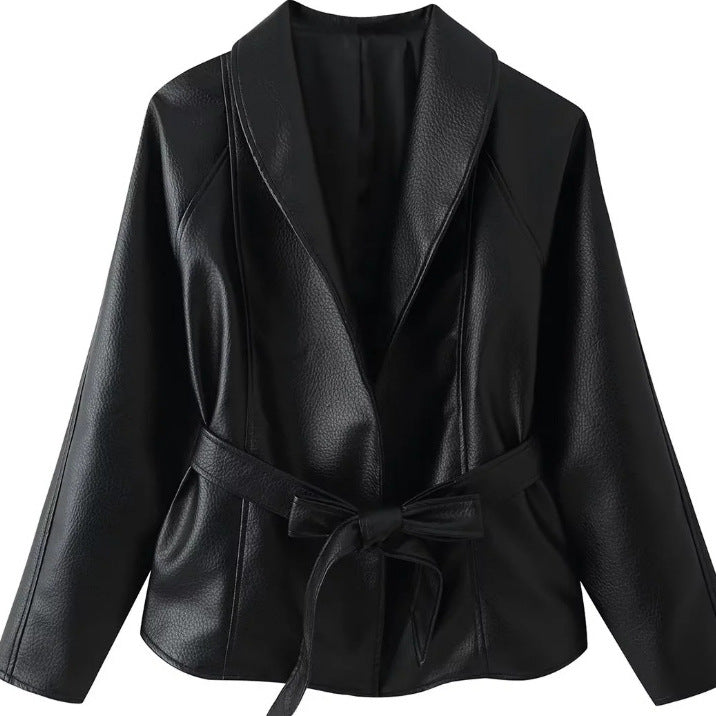 Damen Taillierte Blazerjacke aus Lederimitat mit Schalkragen und Bindegürtel Drune