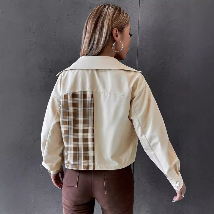 Damen Crop-Utility-Jacke mit karierten Ärmeln und klassischen Druckknöpfen Drune