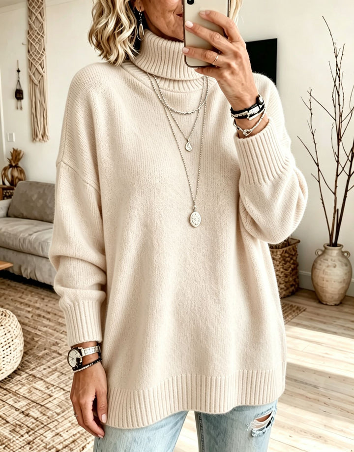Damen Oversize Rollkragenpullover aus Feinstrick mit gerippten Bündchen und überschnittener Schulter Drune