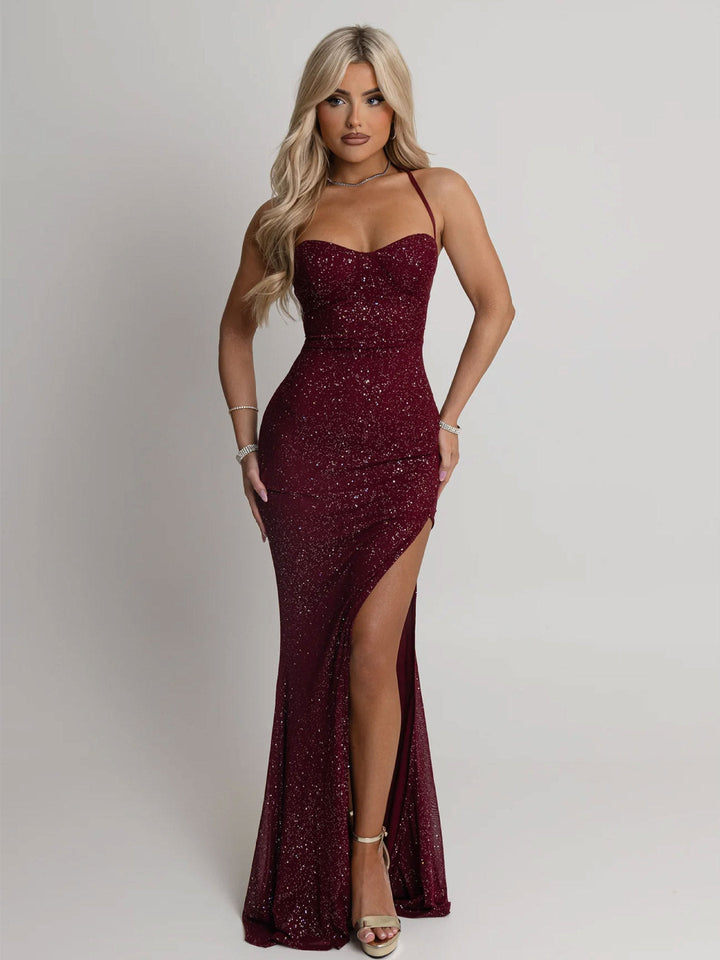 Damen Abendkleid mit schimmerndem Paillettenbesatz und verführerischem Schlitz Drune