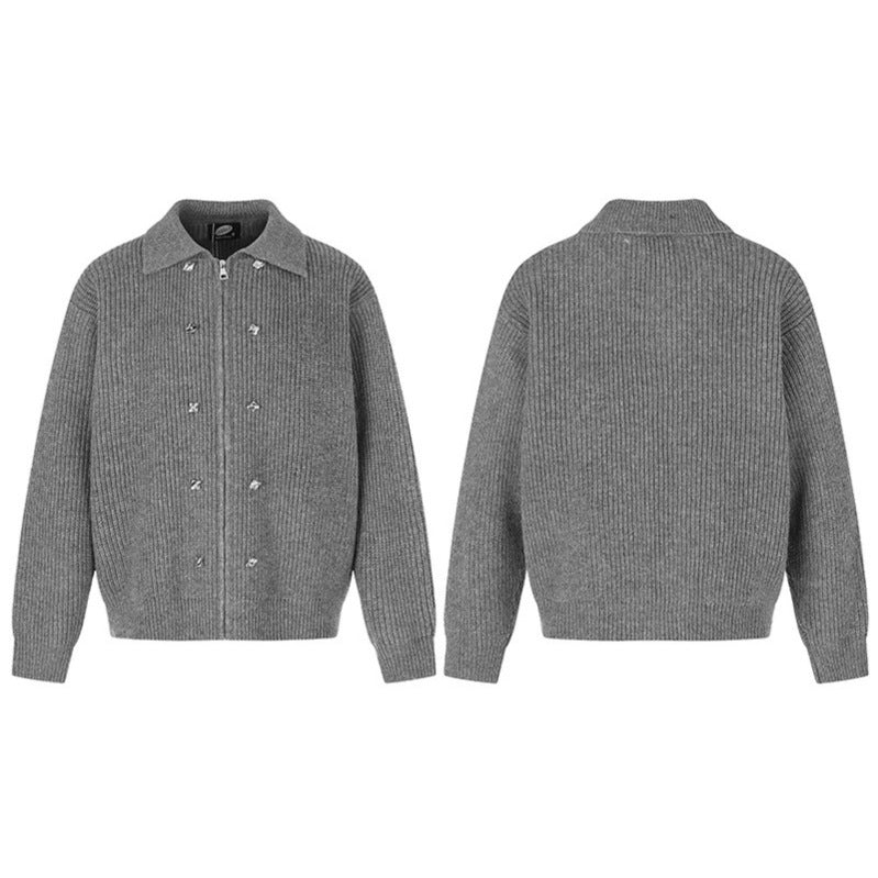 Damen Grobstrick-Zipjacke mit Hemdkragen und Zierknöpfen Drune