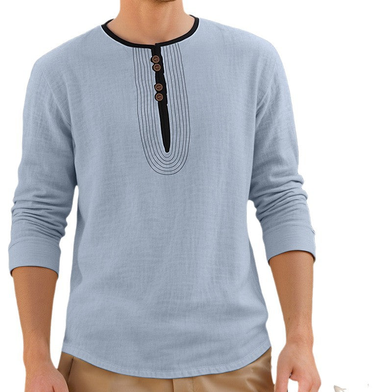 Herren nan lässiges Leinenmix-Langarmshirt mit dekorativer Knopfleiste und Ziersteppung Drune