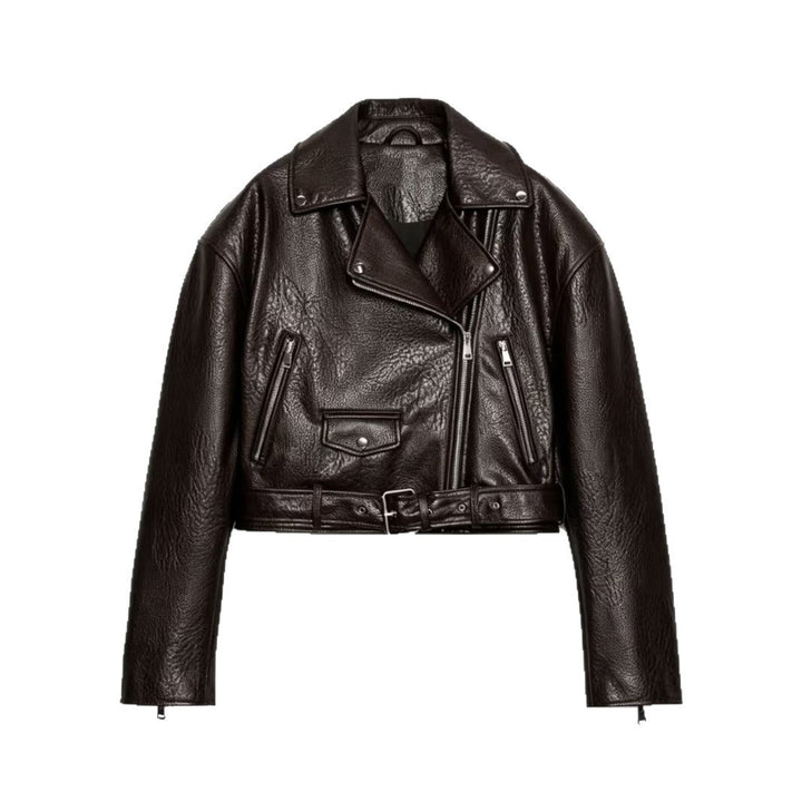 Damen Kurzgeschnittene Bikerjacke aus strukturiertem Lederimitat mit Taillengürtel Drune