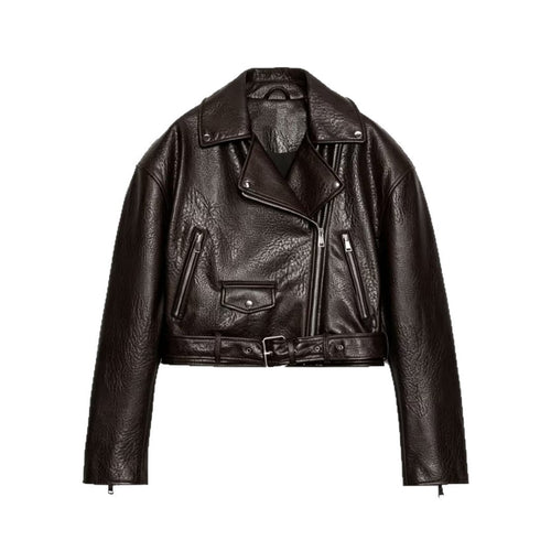 Damen Kurzgeschnittene Bikerjacke aus strukturiertem Lederimitat mit Taillengürtel Drune