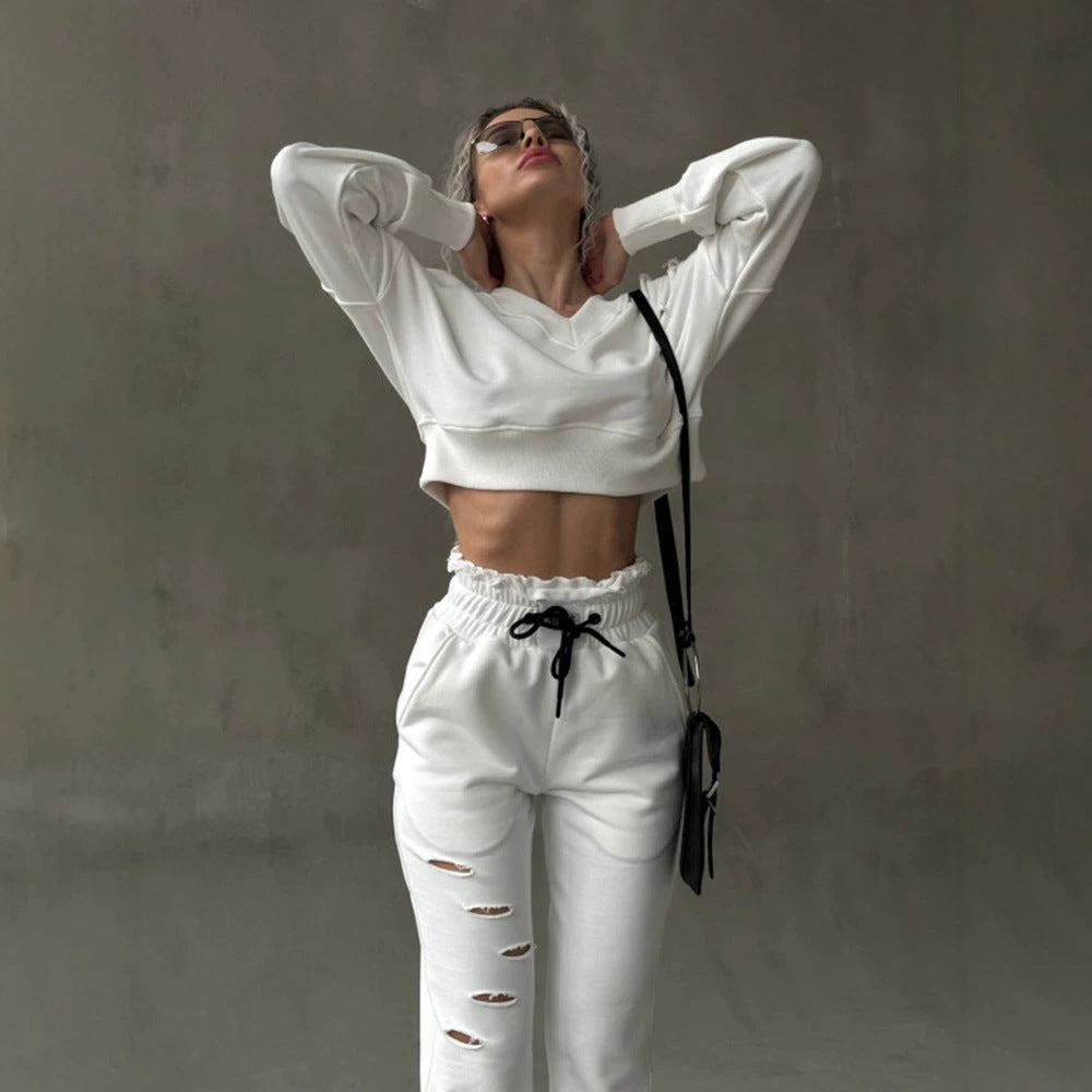 Damen kurzgeschnittenes Sweat-Set mit V-Ausschnitt, Rüschenbund Highwaist Jogginghose und Distressed-Details Drune