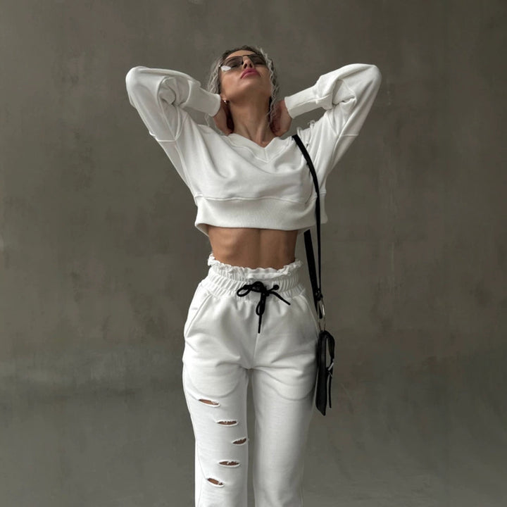 Damen kurzgeschnittenes Sweat-Set mit V-Ausschnitt, Rüschenbund Highwaist Jogginghose und Distressed-Details Drune