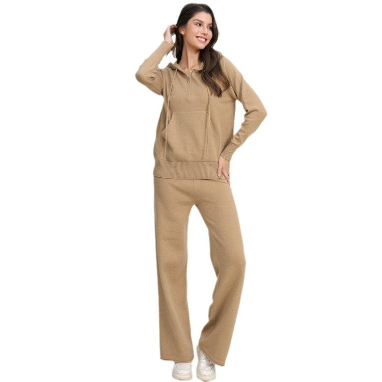 Damen lässiges Strick-Loungewear-Set mit Kapuze und weitem Bein Drune
