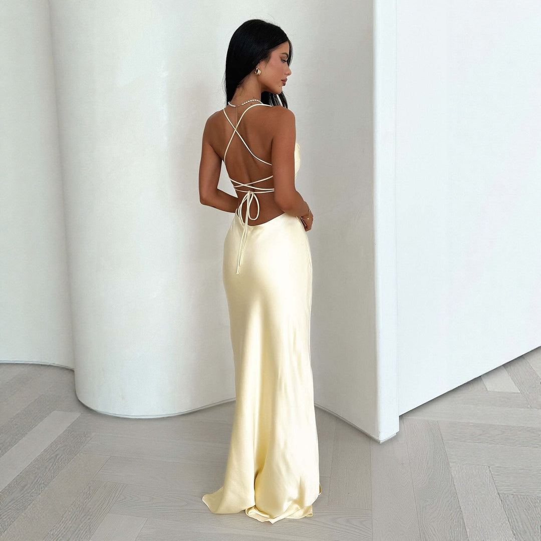 Damen Elegantes Satinabendkleid mit spaghettiträgern und fließendem Schnitt Drune