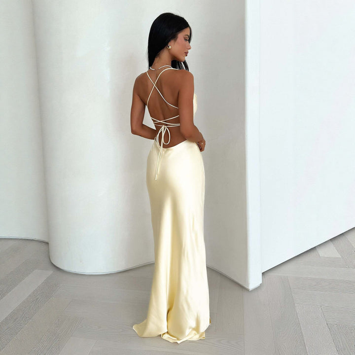Damen Elegantes Satinabendkleid mit spaghettiträgern und fließendem Schnitt Drune