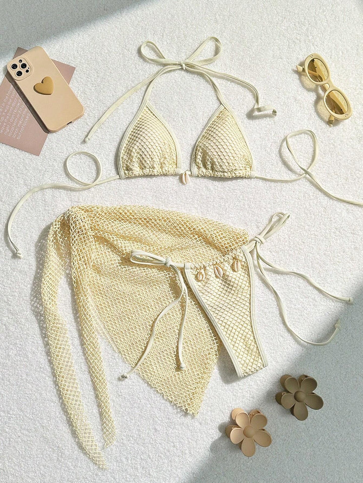 Damen Triangel-Bikini mit transparentem Netzgewebe und Schnürdetails Drune