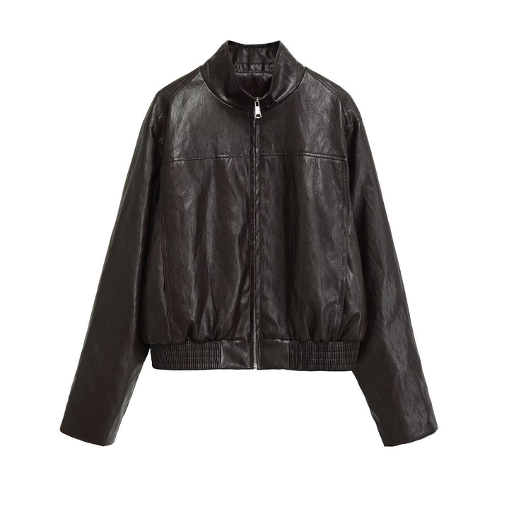 Damen Oversized-Lederblouson im Bomberstil mit Stehkragen und geripptem Saum Drune