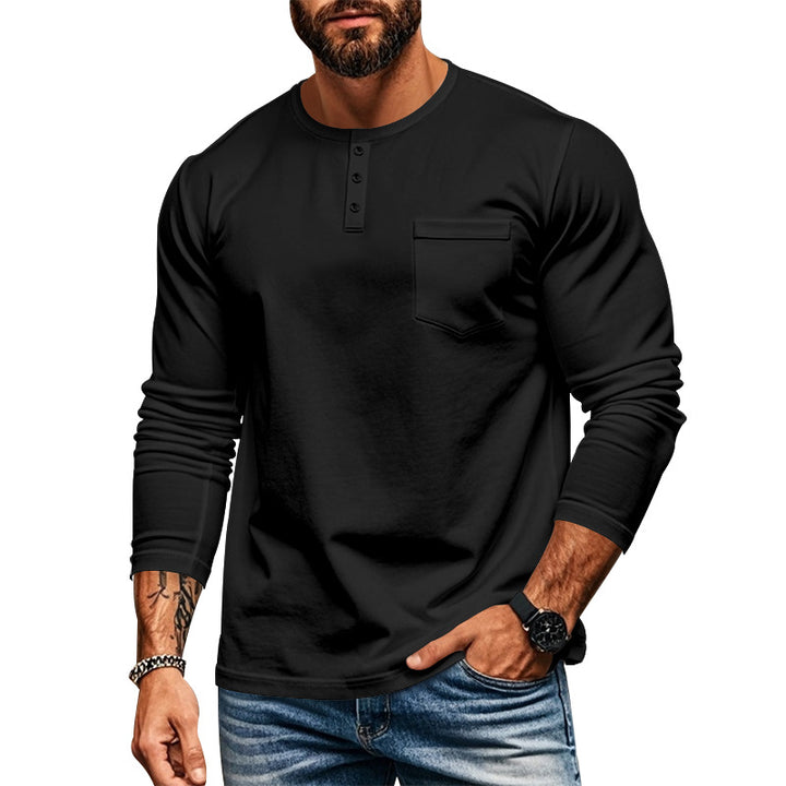 Herren nan schlankes Langarm-Buttonshirt mit kurzer Knopfleiste und Brusttasche Drune