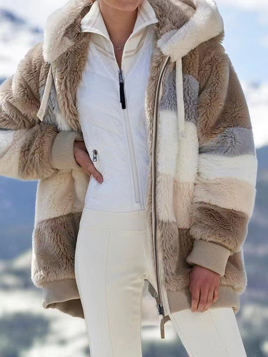 Damen nan oversized gefütterte Kunstfelljacke mit Kapuze, Blockstreifen und gerippten Bündchen Drune