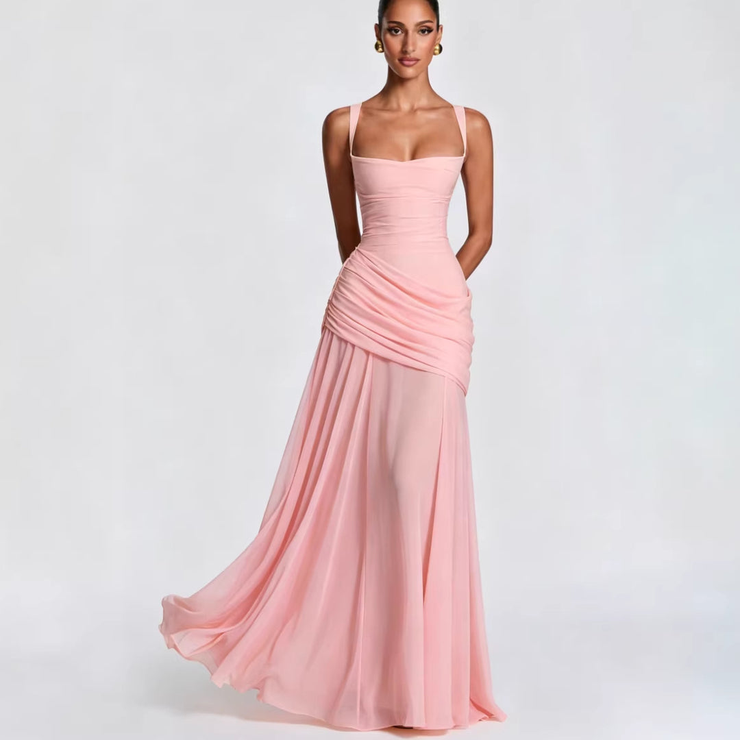 Damen Elegantes Hochzeitskleid mit taillierten Rüschen und schwingendem Chiffonrock Drune