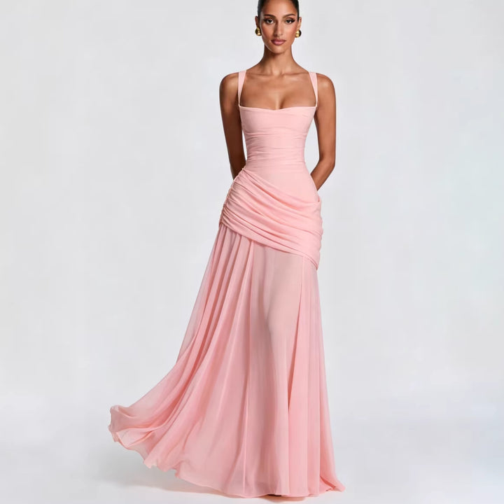 Damen Elegantes Hochzeitskleid mit taillierten Rüschen und schwingendem Chiffonrock Drune