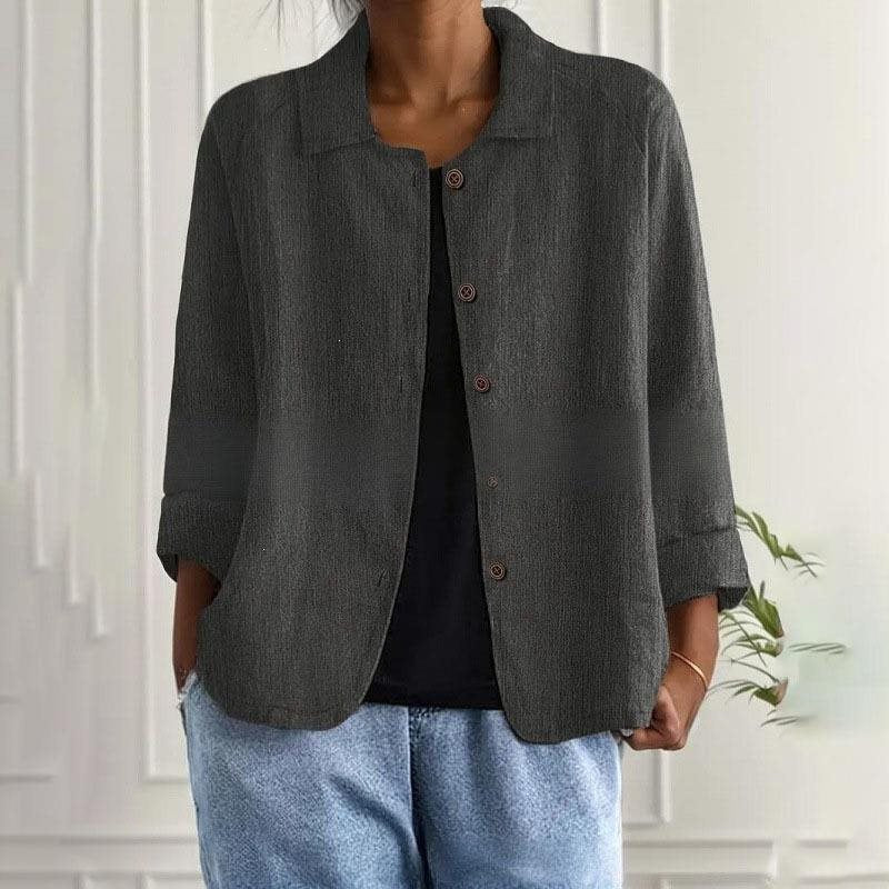Damen Oversized Leinen-Hemdjacke mit Hemdkragen, 3/4-Ärmeln und durchgehender Knopfleiste Drune