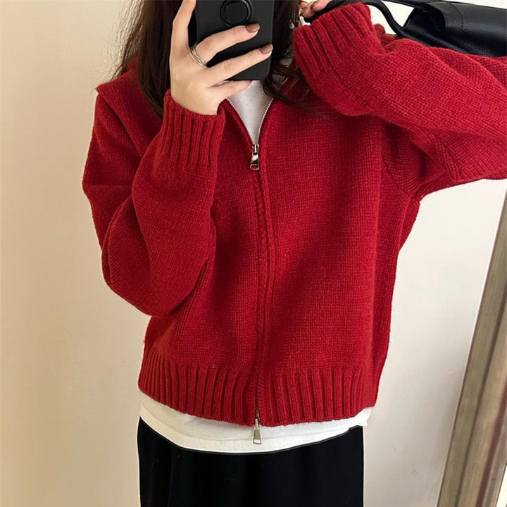 Damen lässige Strickjacke mit hochgeschlossenem Kragen und Reißverschluss Drune