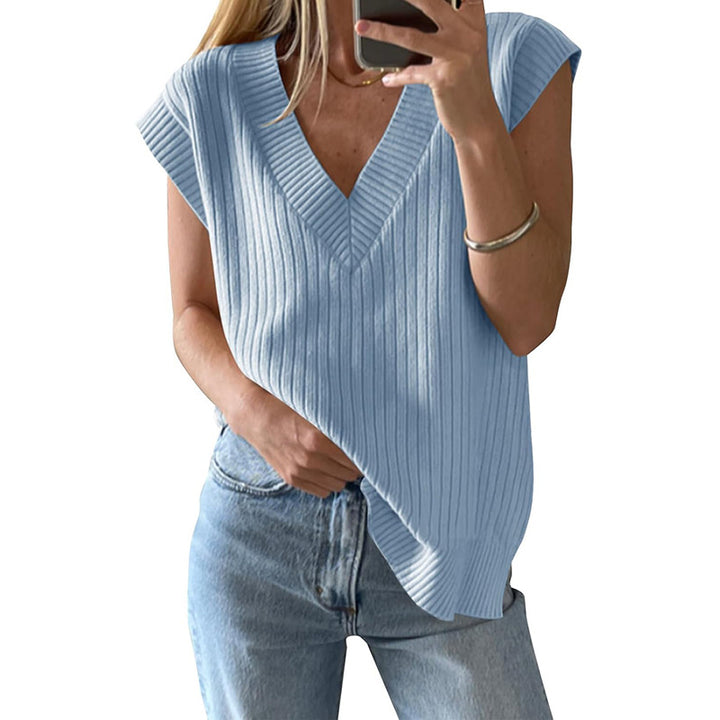 Damen lässiges V-Ausschnitt Oberteil aus Rippstrickmaterial Drune