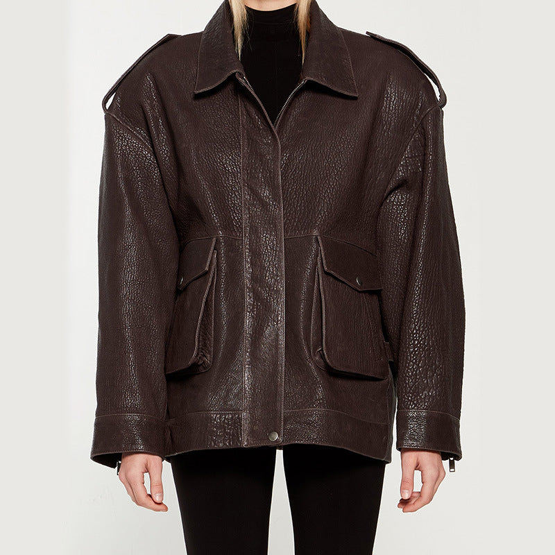 Damen Oversized Lederjacke im robusten Design mit praktischen Taschen Drune
