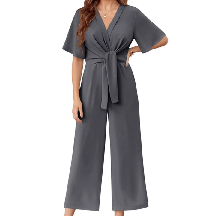 Damen eleganter Wickel-Jumpsuit mit weiten Beinen und Taillengürtel Drune