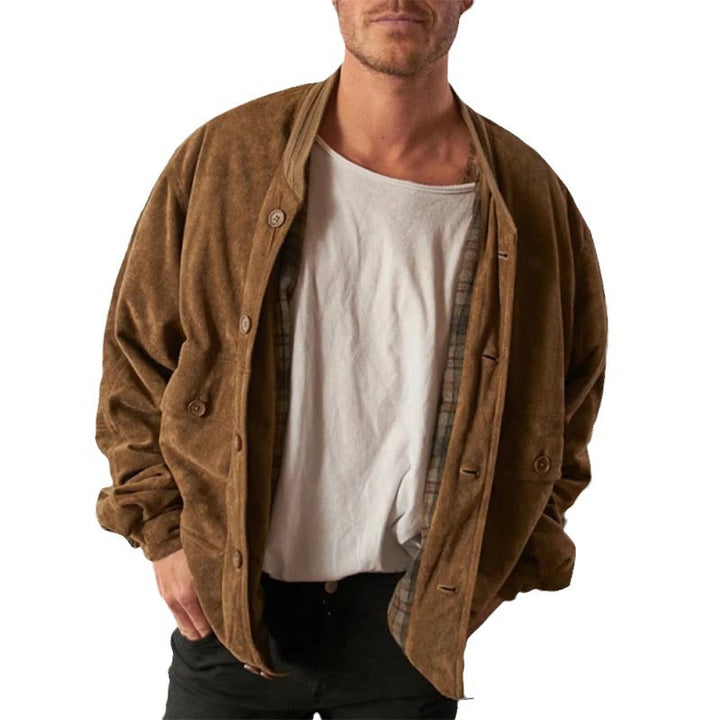 Herren Oversized Velourslederoptik Bomberjacke mit Karofutter und Knopfverschluss Drune