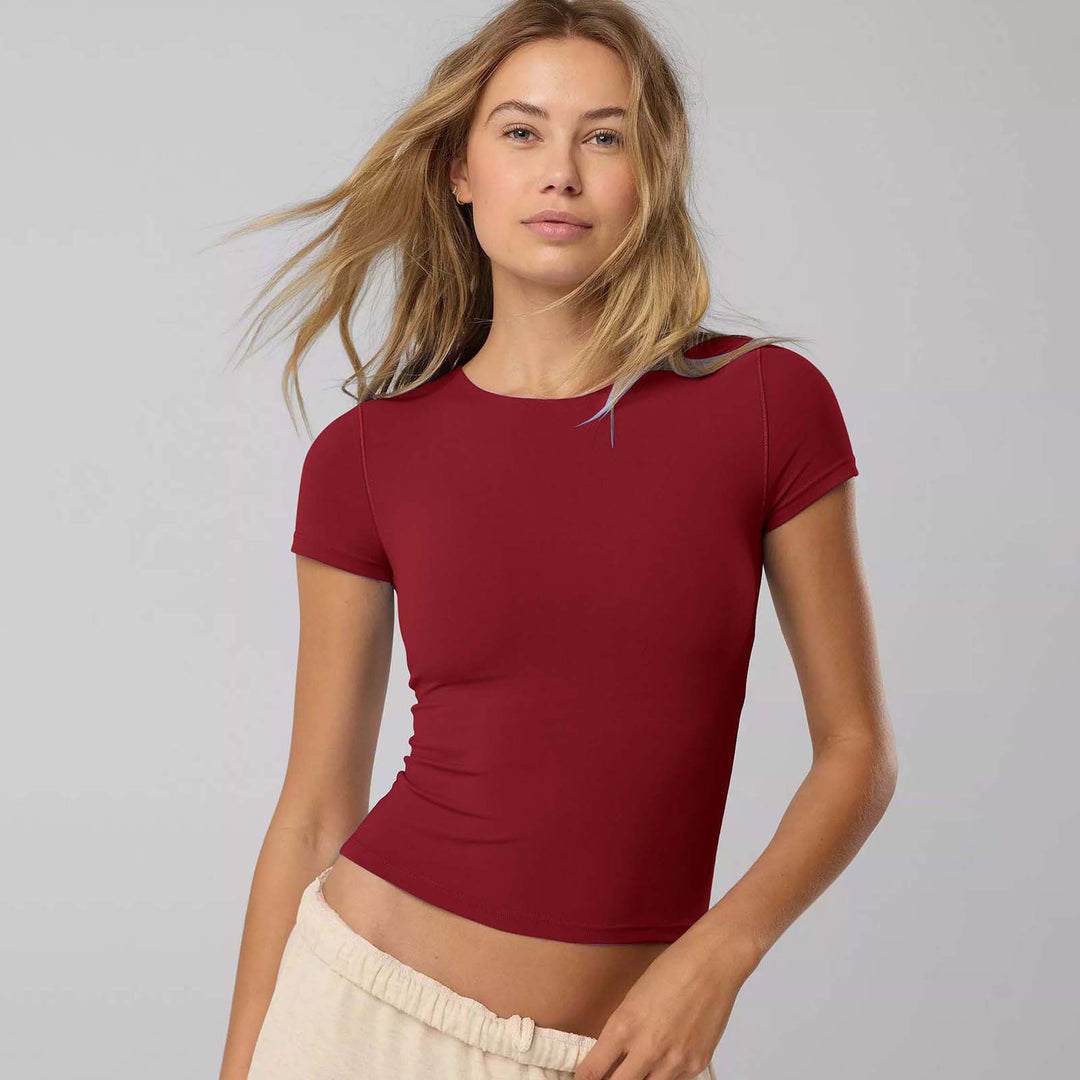 Damen figurbetontes Kurzarmshirt aus elastischem Baumwollmix mit Rundhalsausschnitt und nahtlosem Design Drune