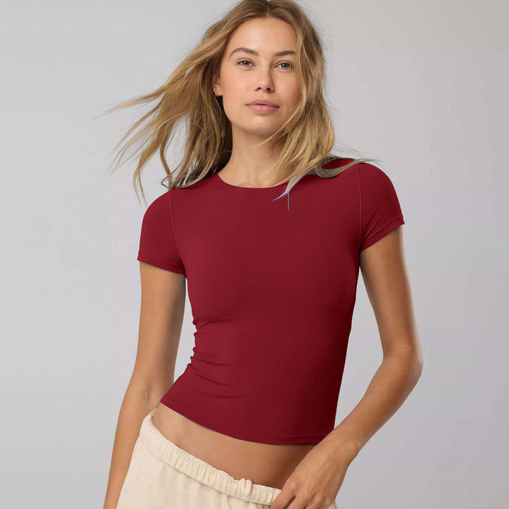 Damen figurbetontes Kurzarmshirt aus elastischem Baumwollmix mit Rundhalsausschnitt und nahtlosem Design Drune