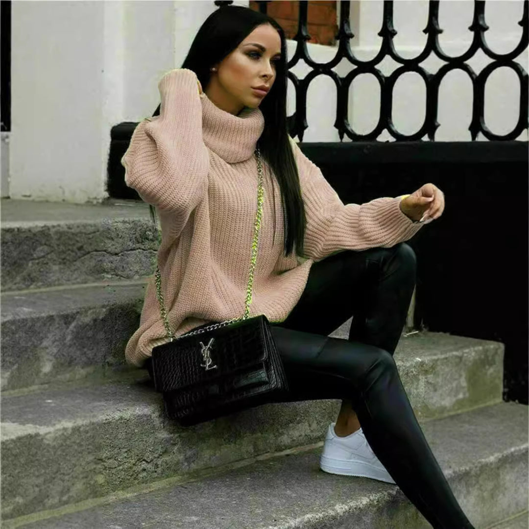 Damen Oversized Strickpullover mit hohem Kragen und modernem Schnitt Drune