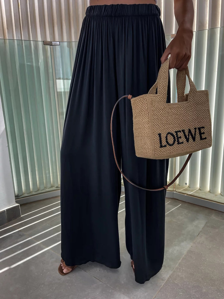 Damen weit geschnittene Palazzo-Hose mit hohem elastischem Bund und fließendem Jersey Drune