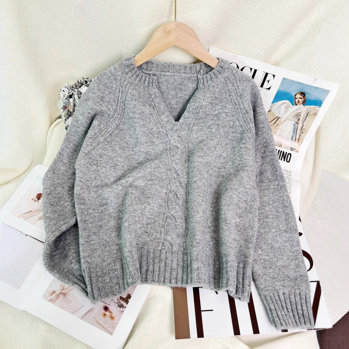 Damen Strickpullover mit tiefem V-Ausschnitt und Zopfmuster Drune