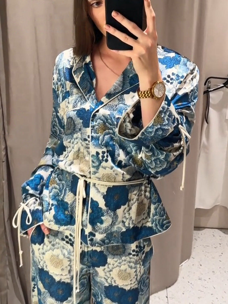 Damen Zweiteiliges florales Jacquard-Loungewear-Set mit Taillengürtel, Paspelierung und Bindärmeln Drune