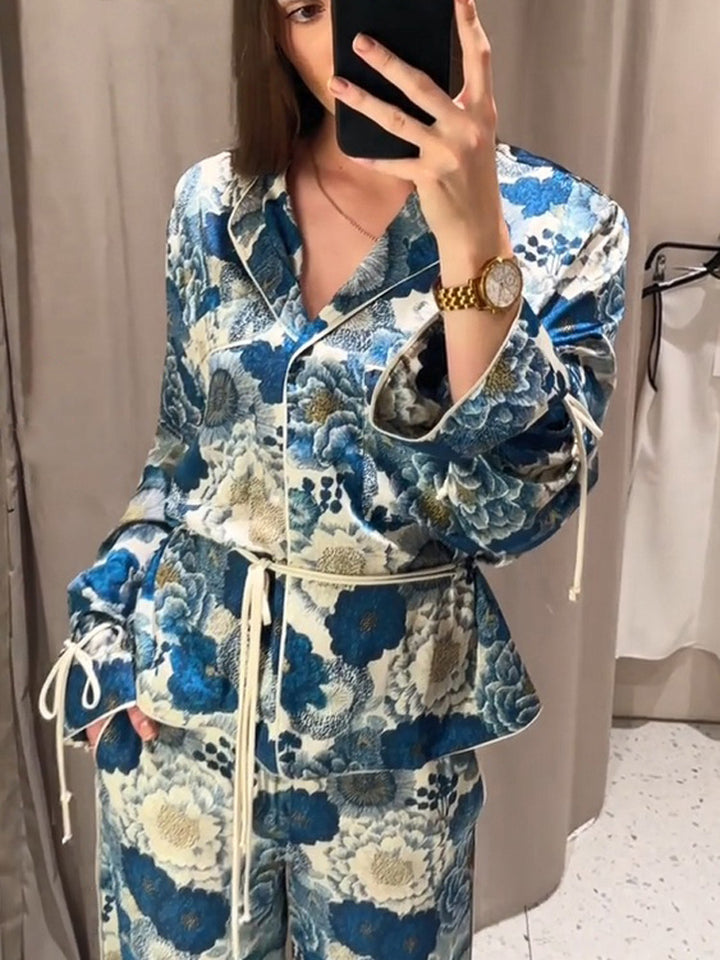 Damen Zweiteiliges florales Jacquard-Loungewear-Set mit Taillengürtel, Paspelierung und Bindärmeln Drune